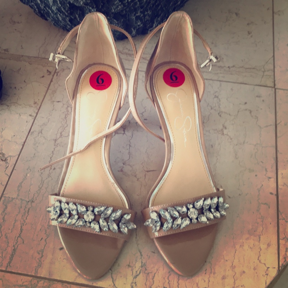 Jessica Simpson Nude Rhinestone Ankle Strap Heels